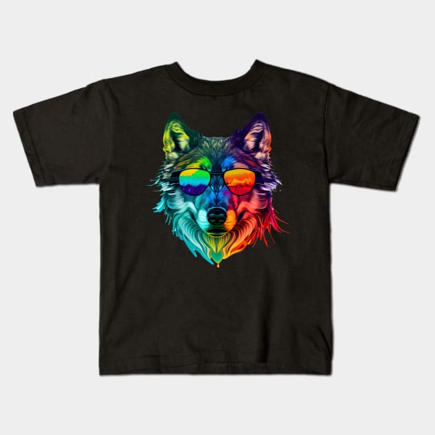 Stylized Wolf Head with Rainbow Colors Kids T-Shirt by PixelProphets